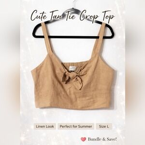 Linen Blend Tie Front Crop Top Tan Boho Summer Cami